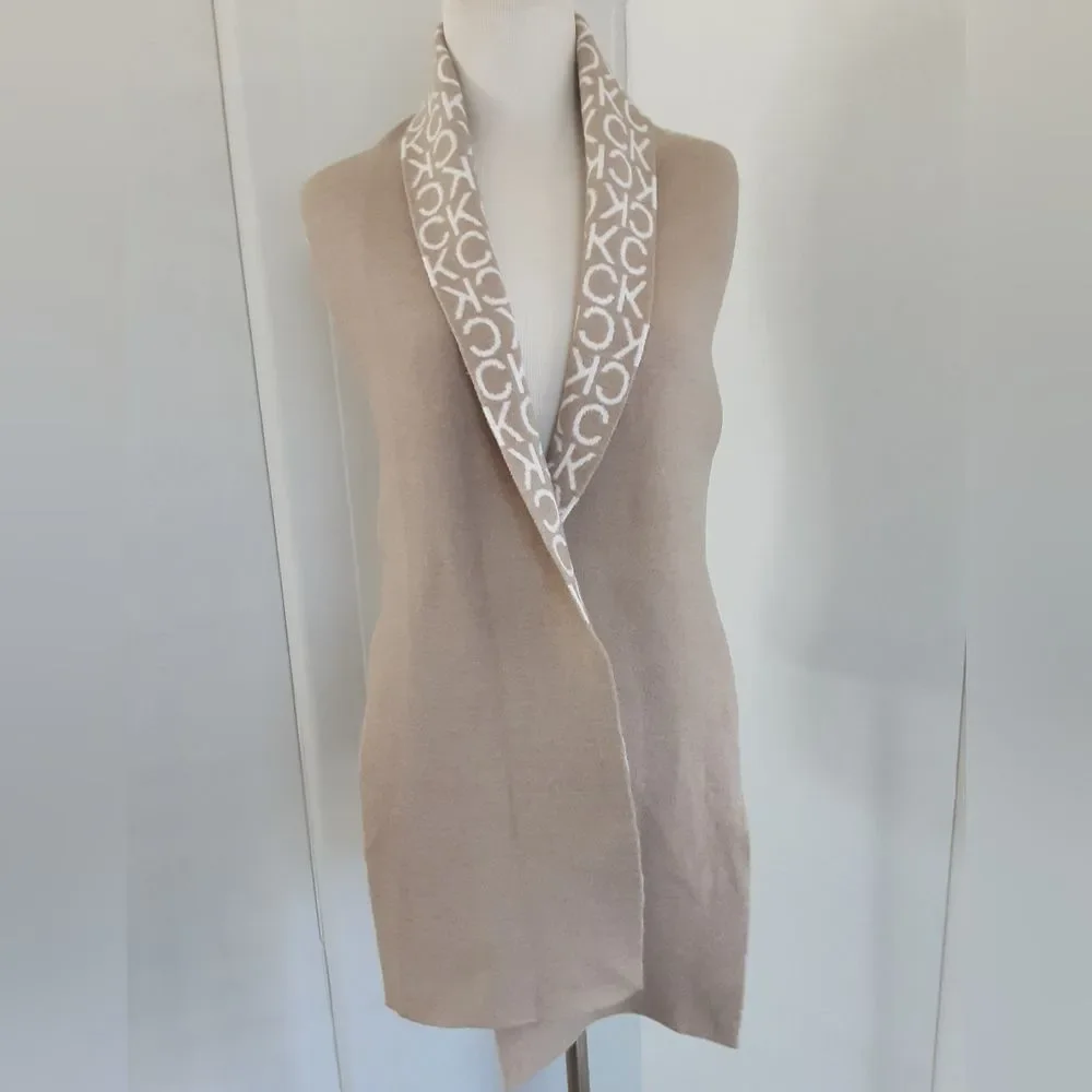 CALVIN KLEIN Logo Reversible Jacquard Heather Almond Beige Scarf - Unisex